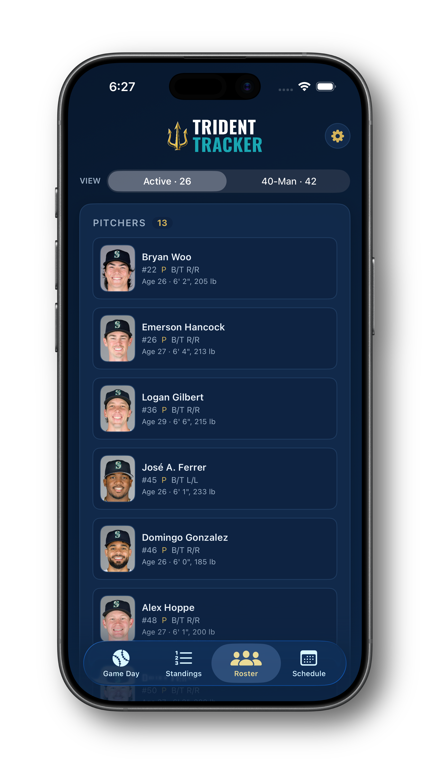 Trident Tracker Roster screen