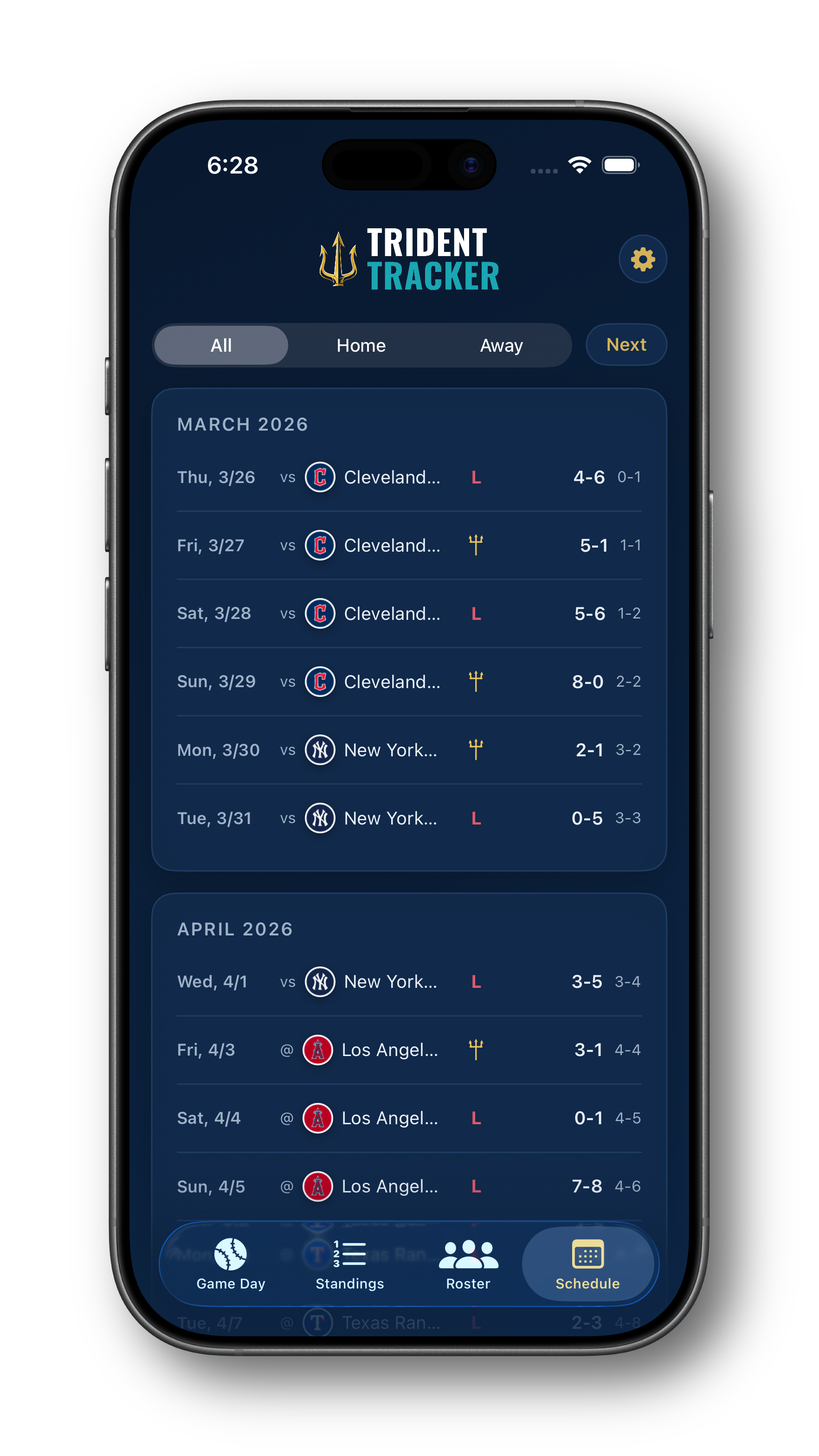 Trident Tracker Schedule screen