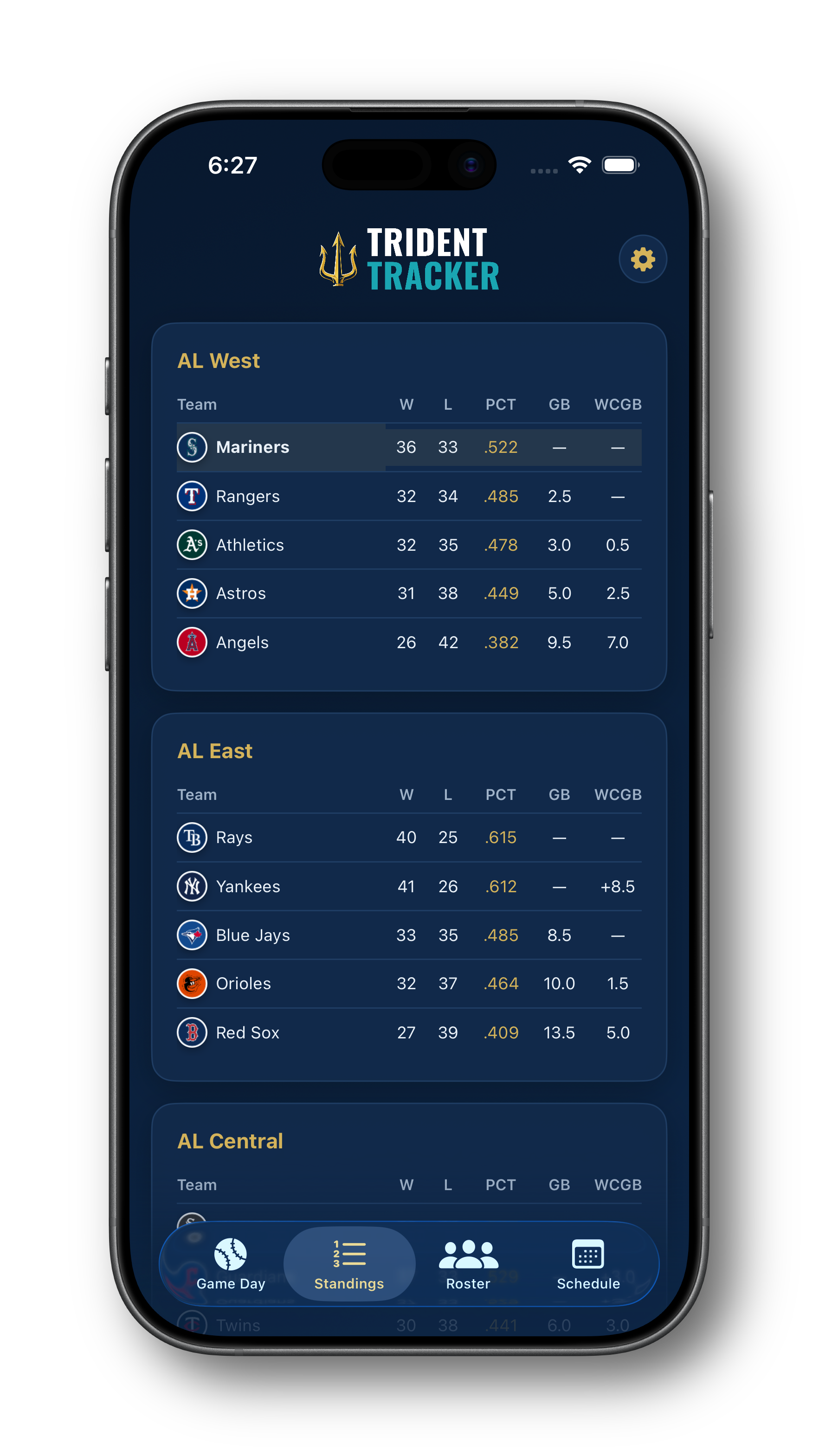 Trident Tracker Standings screen